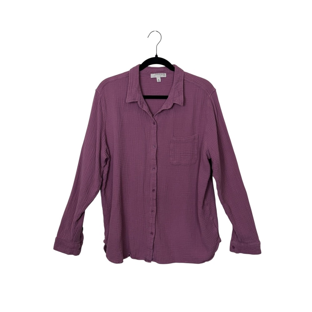 Anne Klein Purple Solid 100% Cotton Button Down Gauze Shirt, XL